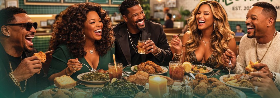 Friends gathered around a table full of soul food, laughing