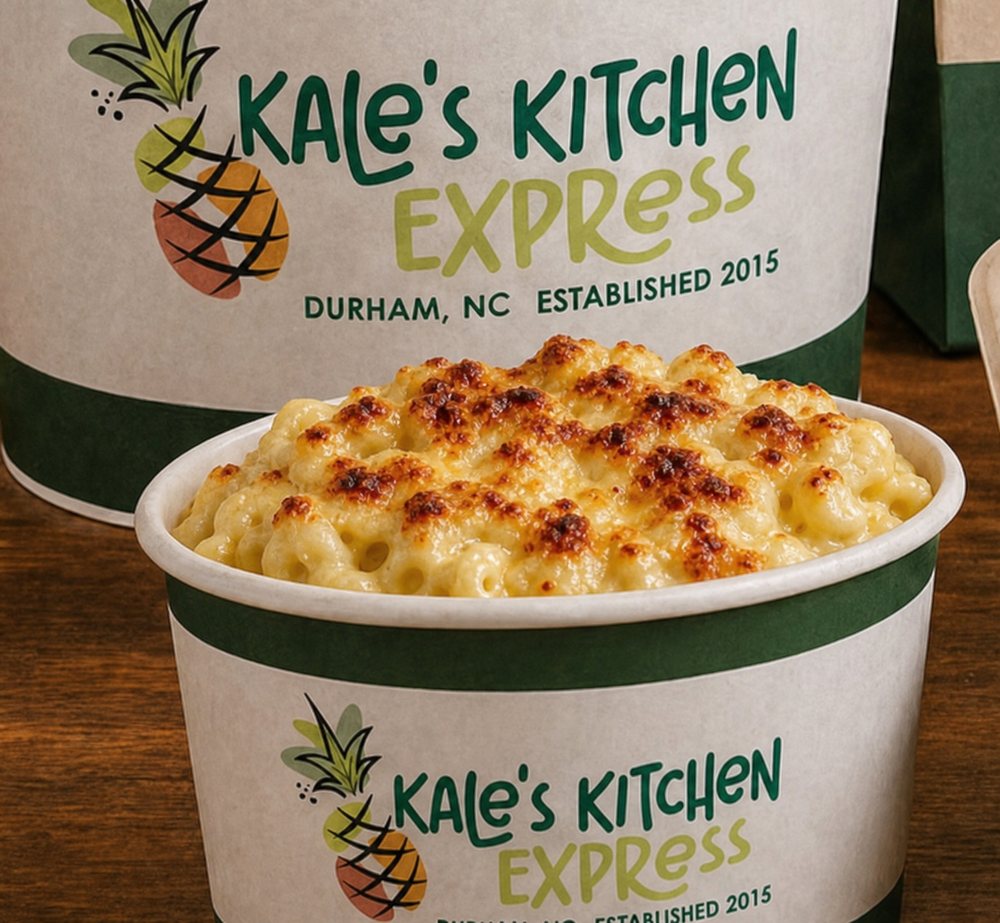 Baked four-cheese mac and cheese in a Kale's Kitchen Express cup