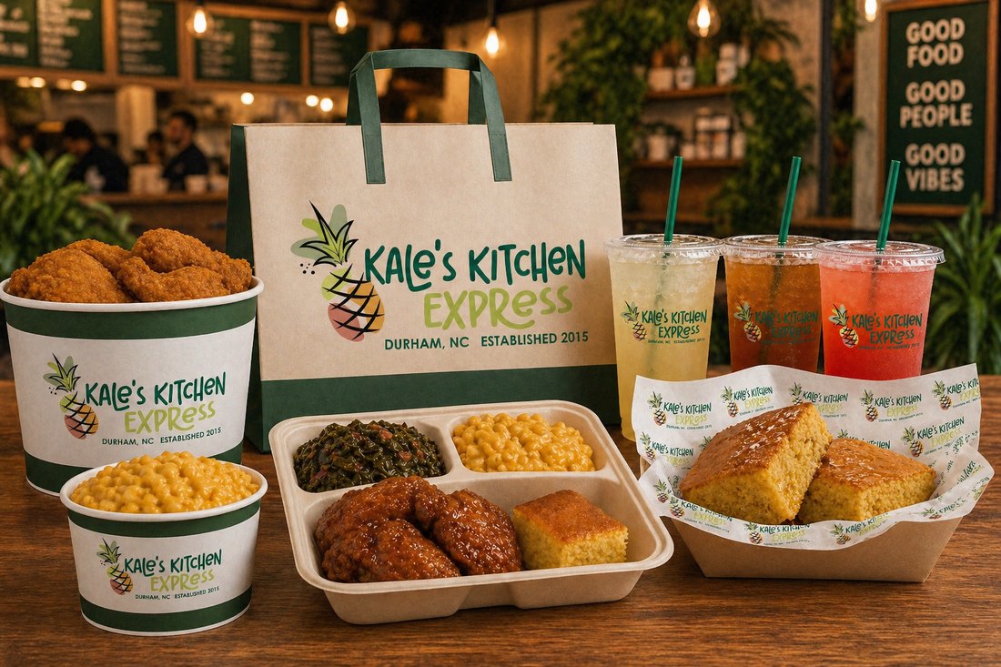 Kale's Kitchen Express packaging spread — bag, bowls and drinks